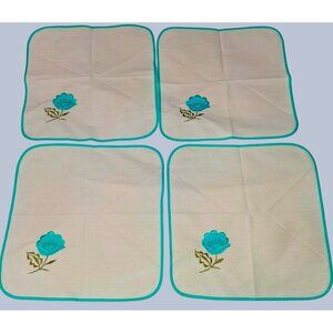 Set Of 4 Embroidered Floral Cloth Napkins With Teal Trim